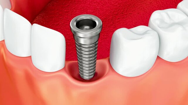 Medically accurate 3D animation showing tooth implant installation process, including implant placement into jawbone, healing phase, and crown attachment in modern dental treatment.