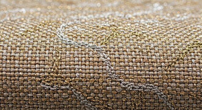 Close up view of beige fabric with metallic gold and silver thread embroidery.