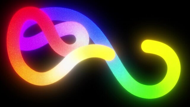 Looping animation of a neon line forming a playful squiggle. Colorful gradient stroke in motion, 3D rendering with a retro film grain effect.