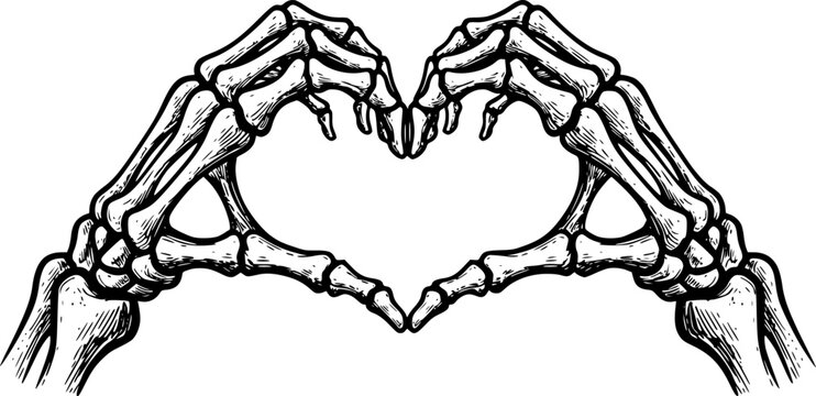 Skeleton hands howing heart shape. T-shirt print for Horror or Halloween. Hand drawing illustration isolated on white background. Vector