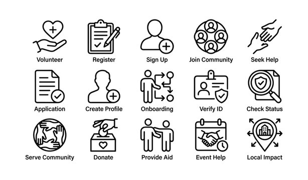 Volunteer and community icons showing support and actions