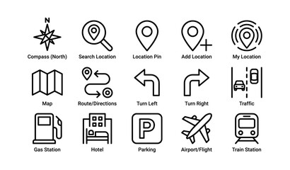 Fototapeta premium Navigation and map icon set arranged in grid on white background