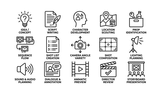 Pre production icons for film planning and scene setup on white background
