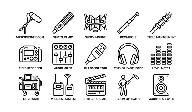Audio production equipment icons arranged in grid on white background