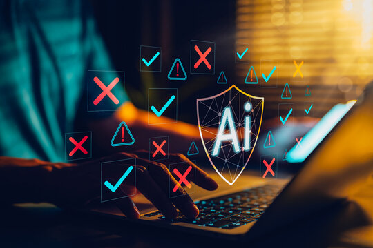 AI risk validation and trustworthy compliance control concept. Person using laptop with AI shield, check marks, warning alerts and rejection. governance screening, safety review policy, responsible AI