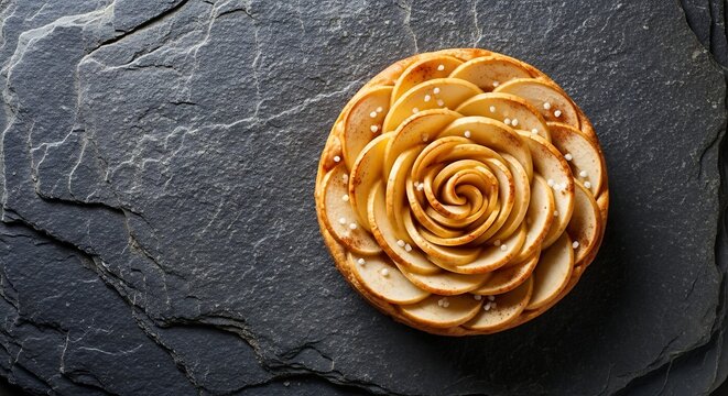 Exquisite apple rose tart, petals unfurling, on dark slate surface