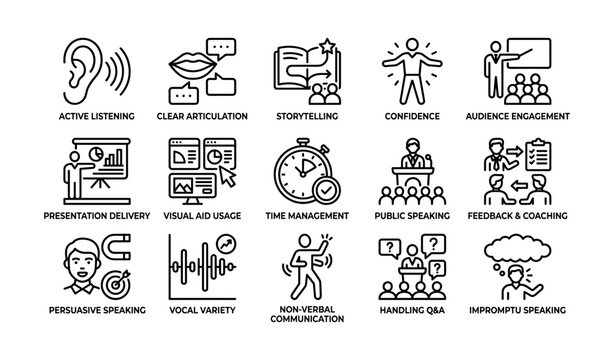 Public speaking and communication icons for presentation on white