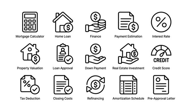 Home loan and mortgage finance icons showing lending concepts on white