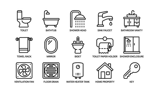 Bathroom fixtures and utility icons showing fixtures and amenities