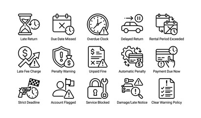 Fototapeta premium Late fee and penalty icons for overdue rentals on white grid