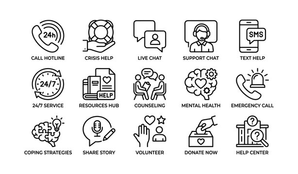 Helpline and support icons arranged in grid on white background