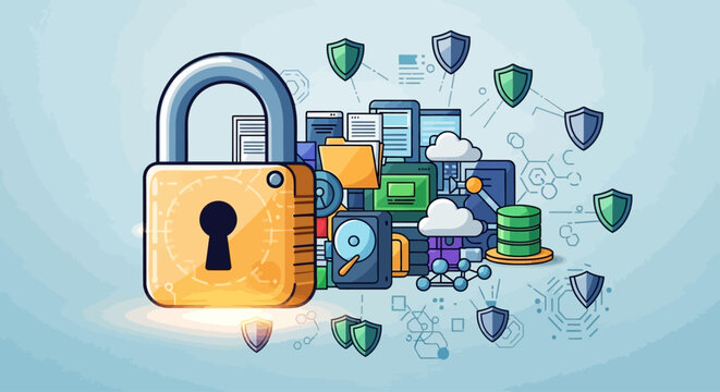 Cybersecurity Concept Illustration with Padlock and Digital Data Icons