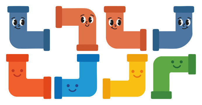 HAPPY PIPE - L-joint pipe section with a friendly cartoon face  Flat Vector Illustration on Transparent Background