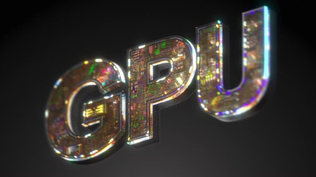 Seamless loop of 3D GPU text made from chrome and iridescent microchip texture spinning on axis. Metallic PCB surface on black background. Ideal for gaming, AI, and tech content.