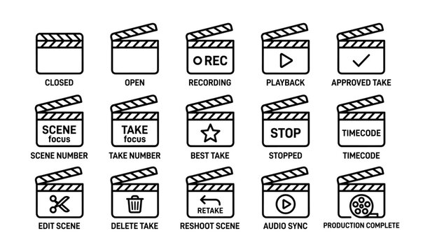 Clapperboard and production status icons arranged in grid layout