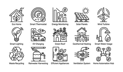 Naklejka premium Sustainable home icons illustrating energy features on white