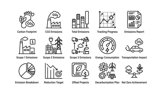 Emission and decarbonization icons arranged on white background