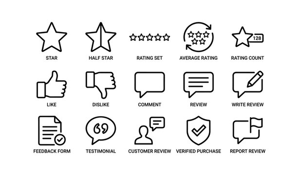 Rating and review icons displayed in grid on white background