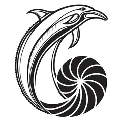Stylized dolphin jumping over abstract swirl in black and white with stylized © Sharmin