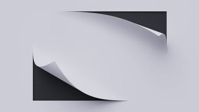 Smooth page curl sweeps across frame, bending and twisting while the black layer shows beneath. Elegant abstract motion for titles. 3d render animation. Origami style.
