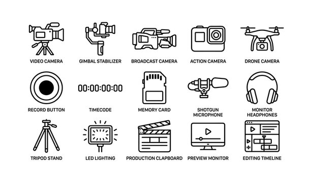 Video production icons of cams and accessories on white background