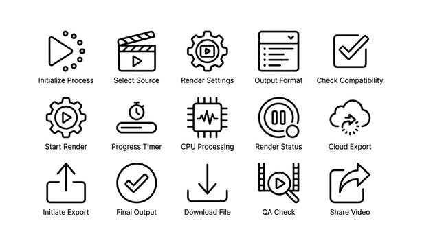 Render and export icons showing workflow steps on white background
