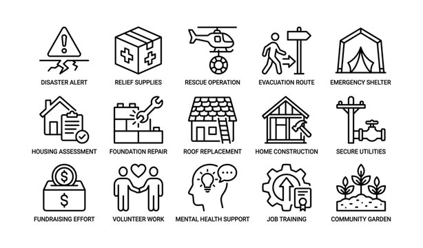 Disaster relief and recovery icons on white background