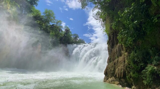 El Meco waterfall  north of the town of El Naranjo in La Huasteca, San Luis Potosi, Mexico. El Meco cascade is at the end of the three mile stretch of rapids.  