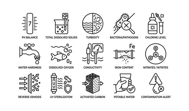 Water quality testing and treatment icons in grid layout