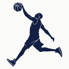 Dark blue silhouette of a jumping basketball player with a ball ready to dunk © Sharmin