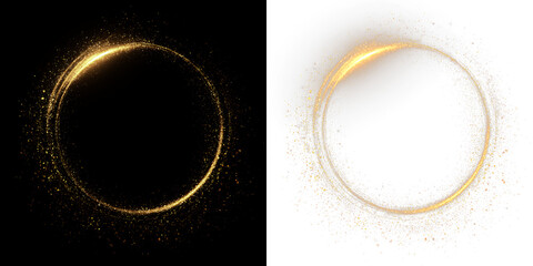 Gold sparkles create a circular design isolated on transparent and black background, for art projects and graphic design needs, light overlay, PNG © tanandaa
