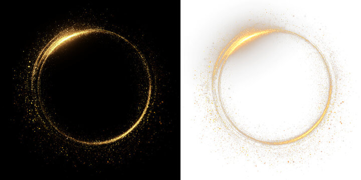Gold sparkles create a circular design isolated on transparent and black background, for art projects and graphic design needs, light overlay, PNG