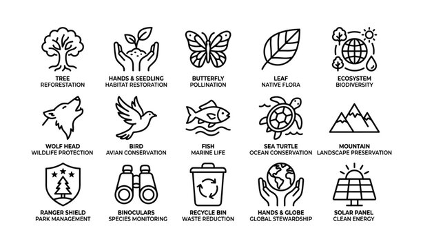 Environmental icons representing conservation topics in grid