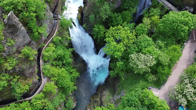 waterfall in the woods by drone 