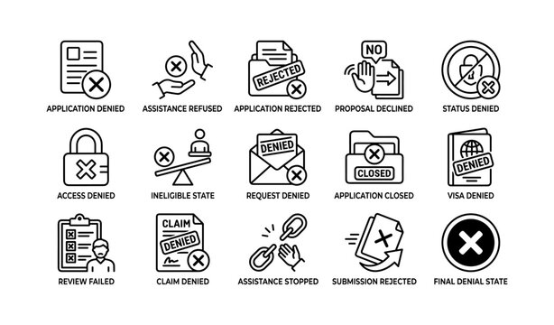 Denial and rejection icons showing application and access refusal