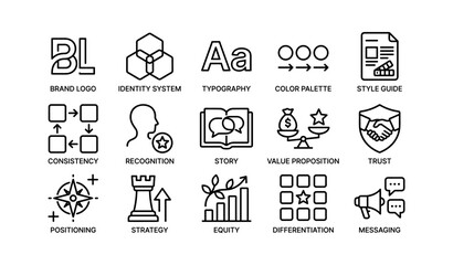 Fototapeta premium Brand identity and marketing icons displayed in grid layout