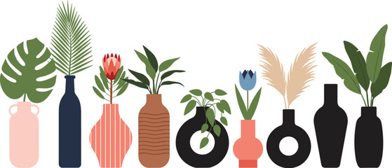Modern Decorative Vases with Plants Vector Illustration Set Featuring Minimalist Home Decor Bottles and Botanical Elements for Interior Design and Styling. © Sohel