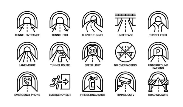 Tunnel safety and traffic icons showing tunnel features on white