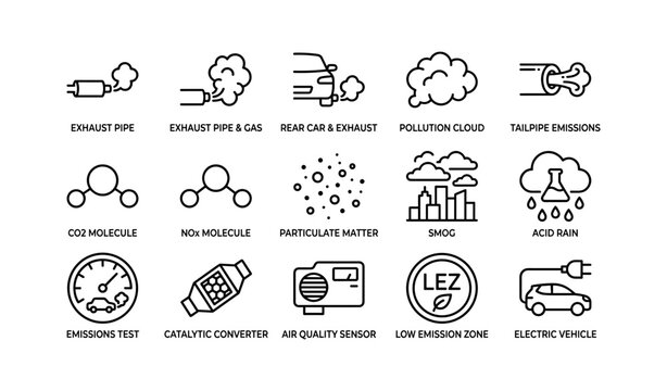 Vehicle exhaust and air pollution icons displayed in a grid