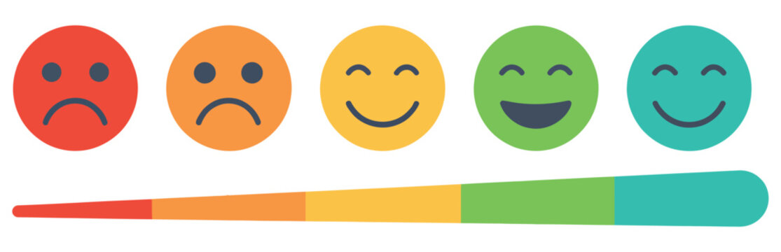 Five-level emotion rating bar with color scale icons, customer satisfaction and feedback system, mood evaluation and survey concept, from sad to happy indicators, modern vector design for apps, UX for