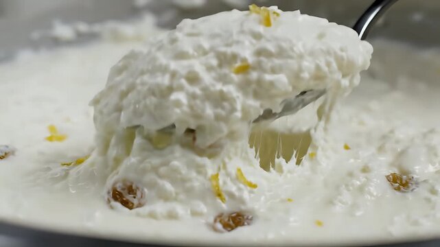 Closeup of a spoon scooping creamy dessert with citrus zest and nuts.