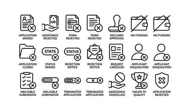 Application rejection and denial icons arranged on white background
