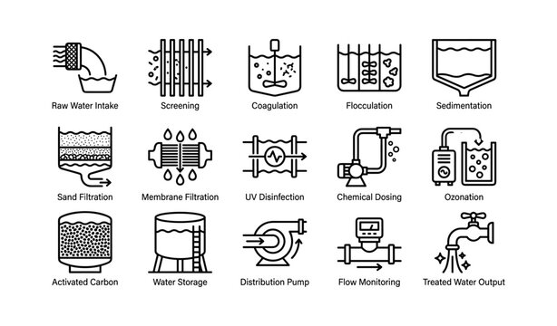Water treatment icons showing process steps on white background