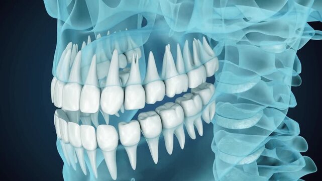 Medically accurate 3D animation of a transparent human skull and teeth in X-ray view, revealing jaw structure, dental alignment, and internal anatomy for medical and educational visualization.