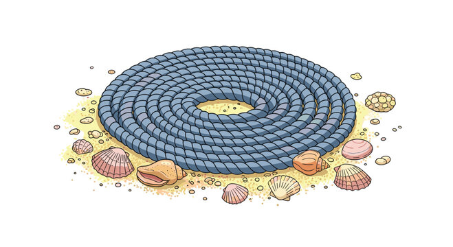 A thick blue coiled rope rests upon a patch of light beach sand scattered with diverse seashells under a bright and clean studio lighting setup on white.