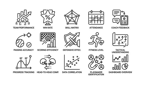 Sports analytics performance and tactics icons on white