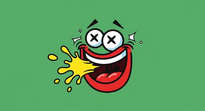 Exaggerated cartoon face, eyes crossed, spitting yellow liquid, green background