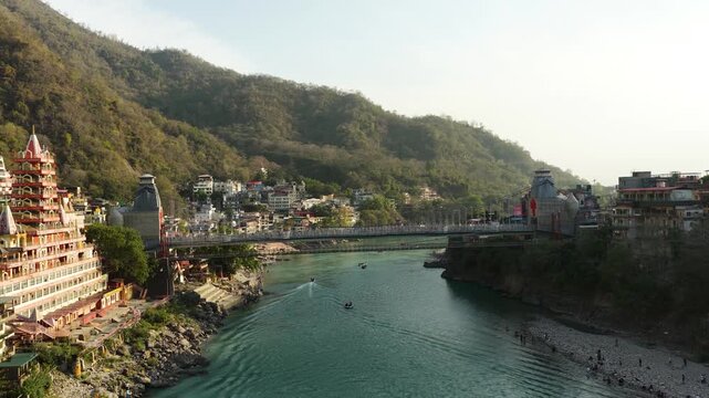 front view of bajrang setu bridge at rishikesh captured from drone 