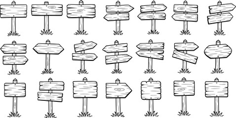 Collection of wooden sign posts and blank directional boards in sketch style isolated on white background © PIXAVIVE