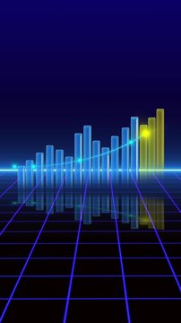 Neon grid landscape includes glowing blue horizon and equalizer bars. Grid landscape futuristic design. Grid landscape animation for abstract visuals and neon digital art.